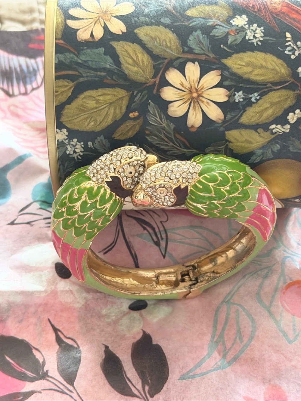 Parrot clamper bracelet green enamel black and pink with crystal gorgeous - Picture 5 of 17